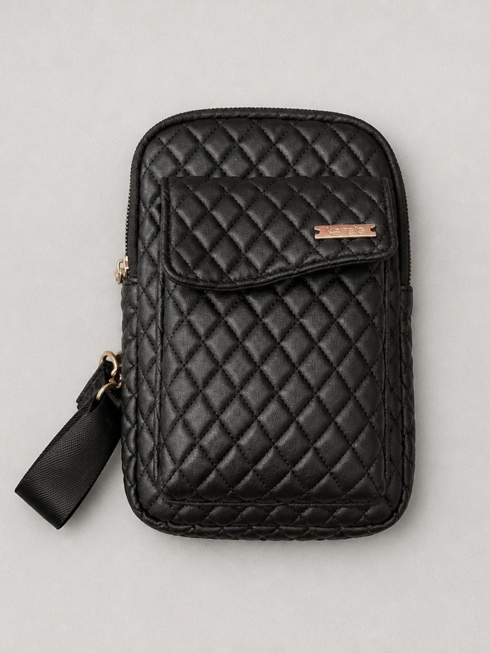 Kensie Quilted Black Crossbody Phone Pouch with Gold Accent